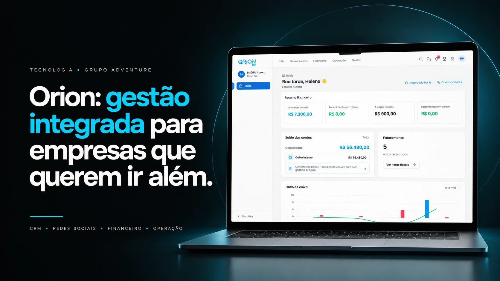 Orion: gestão integrada para empresas que querem ir além. Painel do sistema em um notebook.