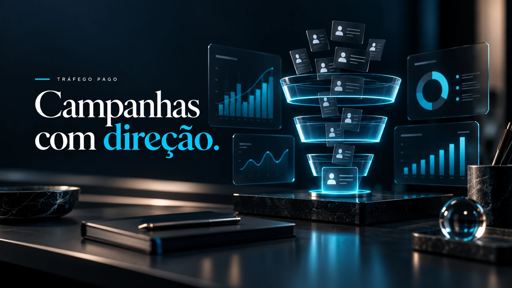 Tráfego pago: painéis ilustrativos de análise e funil de oportunidades.